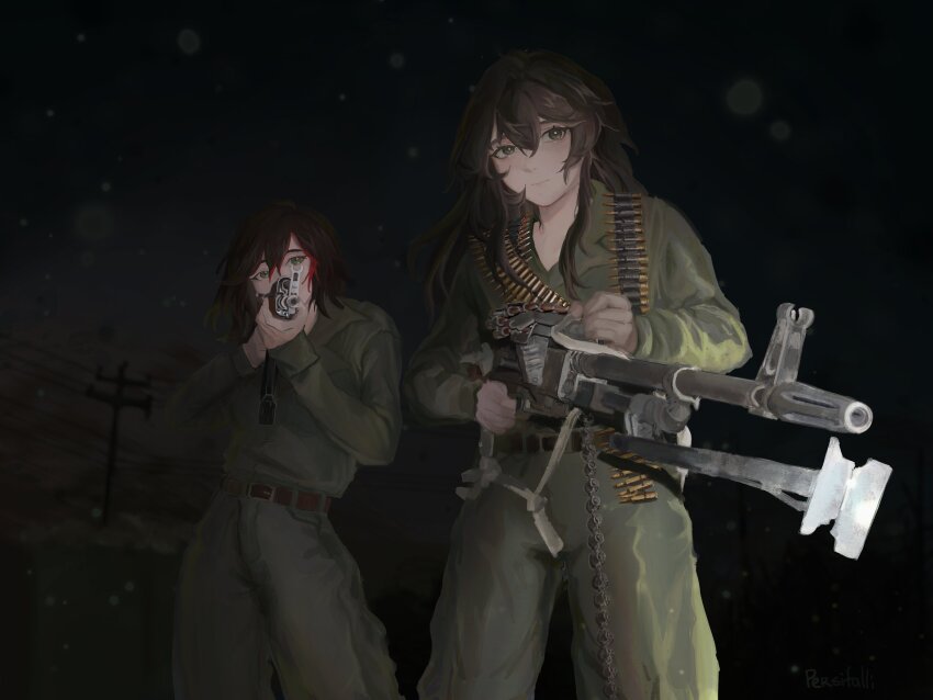 2girls absurdres aiming ak-47 ammunition_belt assault_rifle black_hair green_jacket green_pants gun highres jacket kalashnikov_rifle machine_gun messy_hair military_uniform multiple_girls night original pants persifalli photo-referenced pkm power_lines rifle weapon