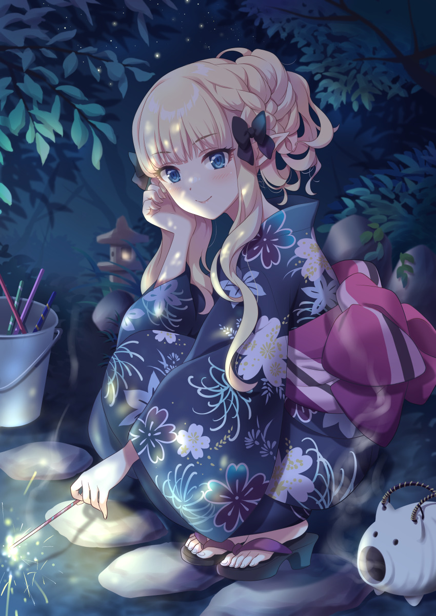 1girl absurdres black_bow blue_eyes blush bow bucket closed_mouth commentary_request elf fireworks floral_print hair_bow hair_up highres holding holding_fireworks japanese_clothes kimono long_hair looking_at_viewer night pointy_ears princess_connect! print_kimono sandals saren_(princess_connect!) smile solo sparkler squatting tsukachii yukata