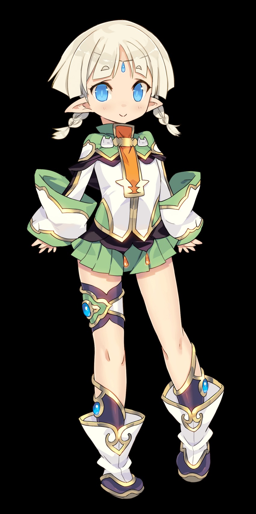 1girl :&gt; absurdres blade_(galaxist) blonde_hair blue_eyes braid child circlet elf female_focus forehead_jewel full_body highres juno_bernal official_art pleated_skirt pointy_ears pop-up_story skirt smile solo transparent_background twin_braids