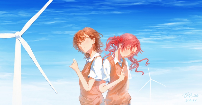 2girls absurdres blonde_hair blue_sky bow brown_eyes brown_vest cloud cloudy_sky cowboy_shot feitu233 hair_bow hand_in_pocket hand_up head_tilt highres looking_at_viewer matching_outfits misaka_mikoto multiple_girls outdoors red_eyes red_hair shirai_kuroko shirt short_hair sky smile toaru_kagaku_no_railgun toaru_majutsu_no_index twintails vest white_shirt windmill