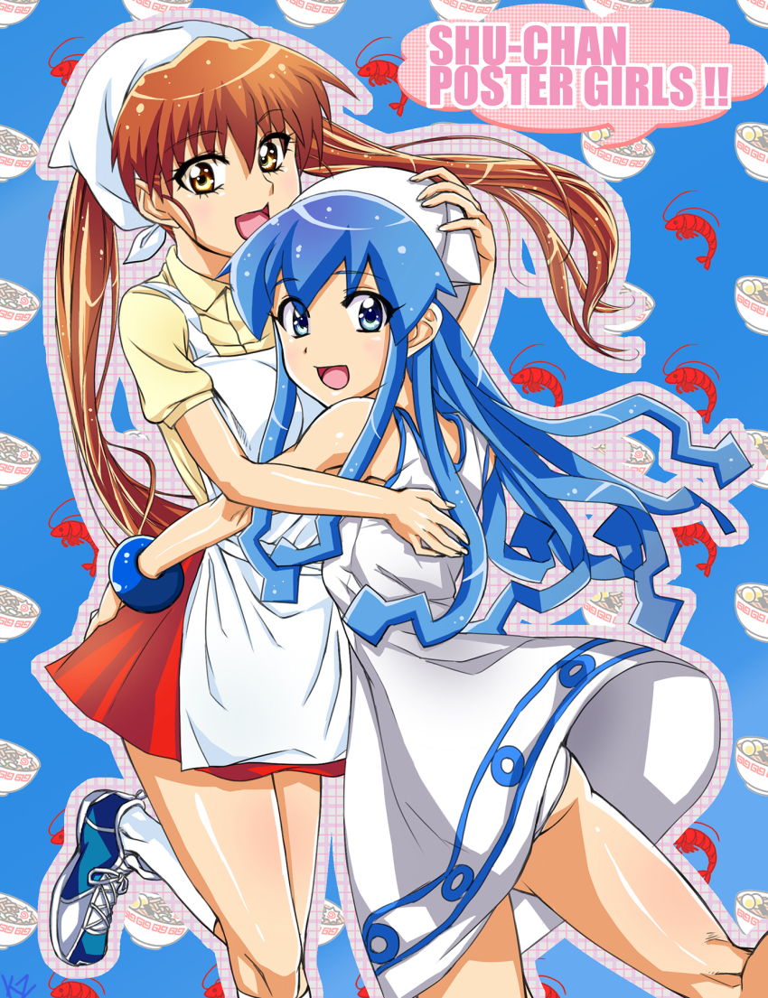 00s 2girls apron blue_eyes blue_hair blush brown_hair crossover dress hat headscarf highres hug ikamusume kz_(1992091821) long_hair multiple_girls muteki_kanban_musume onimaru_miki open_mouth panties shinryaku!_ikamusume shoes skirt smile sneakers tentacle_hair twintails underwear white_headscarf yellow_eyes