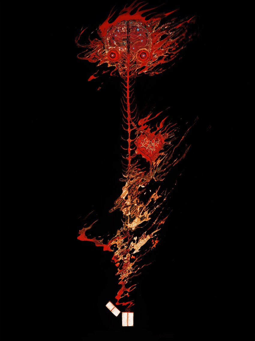 1other black_background brain eyeball fire heart_(organ) highres looking_at_viewer mon_(monmon2133) nervous_system original red_eyes solo surreal