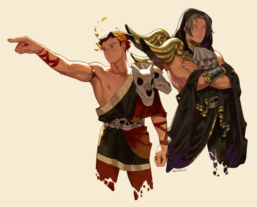 2boys ace_attorney ancient_greek_clothes armor artist_name ascot backlighting beige_background bracer commentary cosplay crossed_arms english_commentary greco-roman_clothes grey_hair hades_(series) hades_1 light_smile looking_to_the_side male_focus miles_edgeworth mr_kasuy multiple_boys parted_bangs pauldrons phoenix_wright shoulder_armor simple_background single_bare_shoulder thanatos_(hades) thanatos_(hades)_(cosplay) toned toned_male