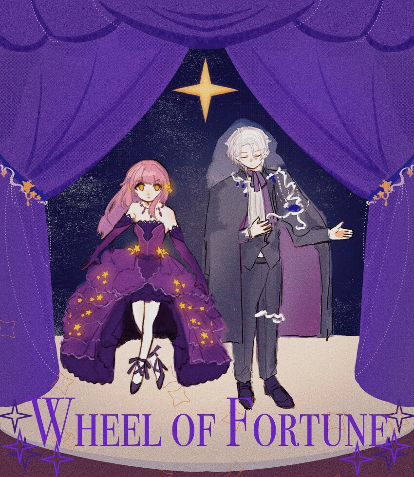 1boy 1girl asou_chan bare_shoulders belt black_belt black_cape black_jacket black_pants black_shoes blazer blunt_bangs bow bowtie cape closed_eyes closed_mouth commentary_request cross-laced_shoes curtains determined dress dress_pants dress_shirt dress_shoes elbow_gloves english_text footwear_bow frilled_dress frills full_body gloves gown hand_on_own_stomach high_heels highres jacket jewelry lace lace-trimmed_dress lace-trimmed_gloves lace_trim long_hair long_sleeves looking_at_viewer mercury_(shining_nikki) necklace nikki_(nikki) nikki_(series) orange_eyes pants pink_hair purple_bow purple_bowtie purple_cape purple_dress purple_gloves purple_shoes shining_nikki shirt shoes short_hair sidelocks stage standing star_(symbol) star_sea_(nikki) tarot two-sided_cape two-sided_fabric v-shaped_eyebrows wheel_of_fortune_(tarot) white_hair white_shirt