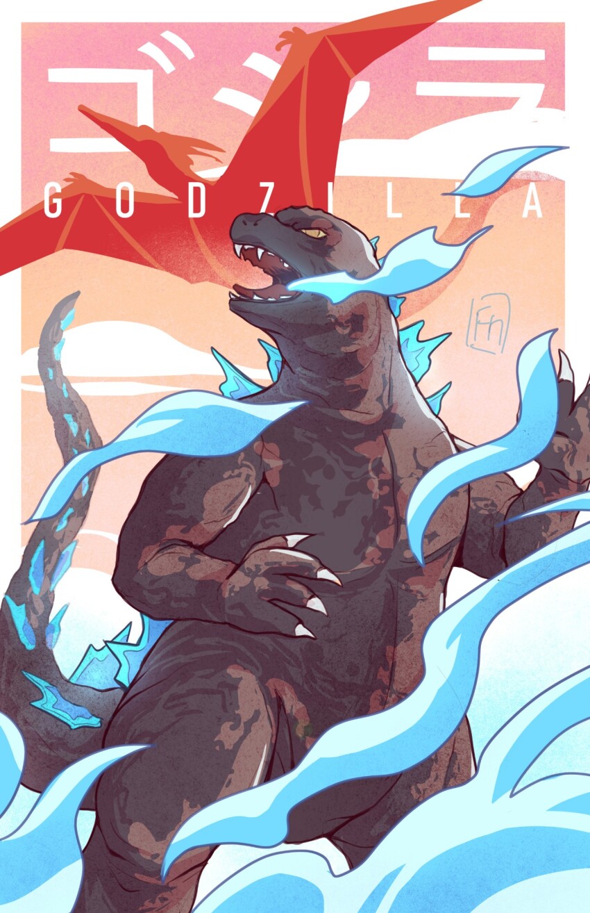 commentary english_commentary english_text fellhound godzilla godzilla_(series) highres kaiju mixed-language_text monster no_humans open_mouth rodan sharp_teeth solo spines tail teeth toho