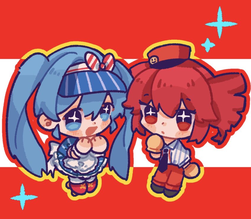 +_+ 2girls apron black_necktie blue_dress blue_eyes blue_hair blush bow chibi chibi_only closed_mouth collared_shirt double-parted_bangs dress drill_hair flat_chest full_body gloves hair_between_eyes hat hatsune_miku kasane_teto kepi long_hair looking_at_viewer mesmerizer_(vocaloid) military_hat moochaakaka multiple_girls necktie open_mouth pants pinstripe_hat pinstripe_pattern pinstripe_shirt red_background red_eyes red_footwear red_hair red_pants shirt simple_background skates smiley_hat_ornament striped_bow suspenders twin_drills twintails utau visor_cap vocaloid waist_apron white_apron white_background white_bow white_shirt white_wrist_cuffs wing_collar wrist_cuffs yellow_gloves