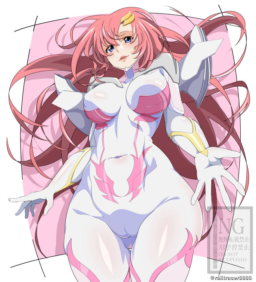 1girl absurdres artist_name blue_eyes blush bodysuit breasts cameltoe commentary_request covered_erect_nipples cowboy_shot english_text gluteal_fold gundam gundam_seed gundam_seed_freedom hair_ornament highres impossible_bodysuit impossible_clothes lacus_clyne large_breasts lips long_hair looking_at_viewer mecha_pilot_suit mixed-language_text normal_suit_(gundam) open_mouth pink_hair purple_eyes railtracer8888 shiny_clothes skin_tight smile solo thighs twitter_username very_long_hair watermark