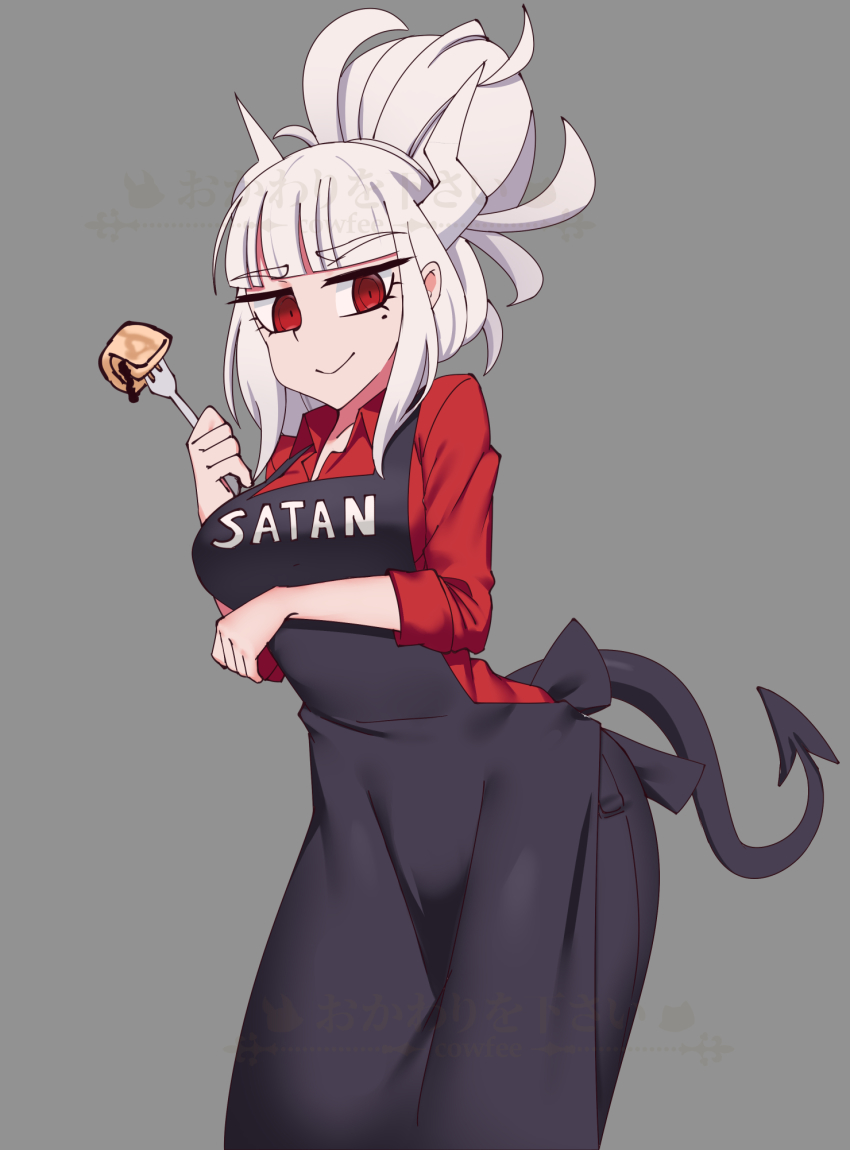 1girl apron arm_under_breasts artist_logo black_apron blunt_bangs clothes_writing commentary cowfee demon_girl demon_tail english_commentary female_focus fork grey_background hair_up helltaker highres horns logo looking_at_viewer lucifer_(helltaker) mole mole_under_eye ponytail red_eyes red_shirt shirt simple_background smile solo tail watermark white_hair white_horns wing_collar
