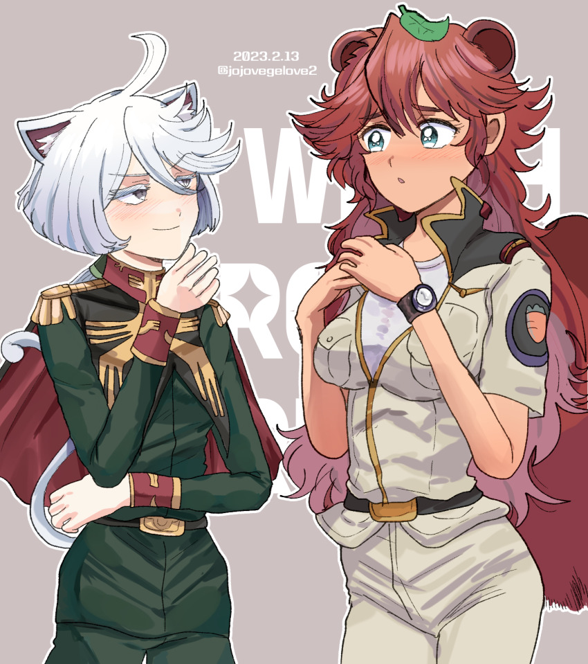 2girls ahoge alternate_costume anavel_gato anavel_gato_(cosplay) animal_ears artist_name blue_eyes blush breasts cape cat_ears cat_girl cat_tail commentary cosplay dated english_commentary eye_contact grey_background grey_eyes grey_hair gundam gundam_0083 gundam_suisei_no_majo highres ing&#039;yeo_soyeo kemonomimi_mode kou_uraki kou_uraki_(cosplay) leaf leaf_on_head long_hair looking_at_another medium_breasts military military_uniform miorine_rembran multiple_girls raccoon_ears raccoon_girl raccoon_tail red_hair simple_background smile suletta_mercury tail watch