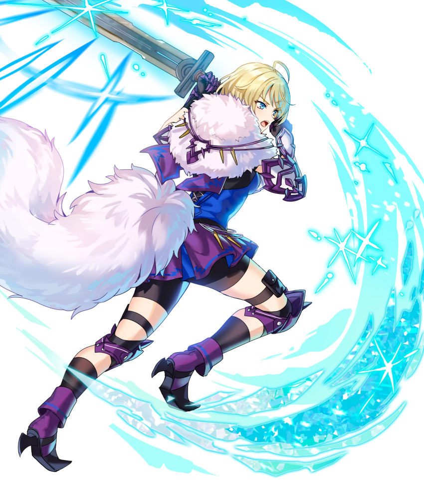 1girl ahoge attack black_gloves blonde_hair blue_eyes fake_tail fire_emblem fire_emblem_engage fire_emblem_heroes gloves highres holding holding_sword holding_weapon ice_trail knee_guards merrin_(fire_emblem) nintendo non-web_source open_mouth pelt purple_footwear purple_skirt running short_hair shorts shorts_under_skirt skirt solo sparks sword tail v-shaped_eyebrows weapon wolf_tail