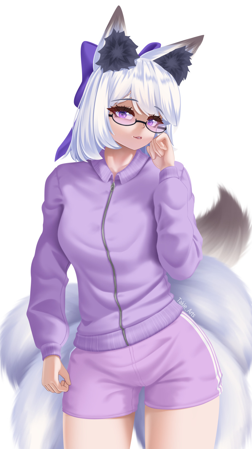 1girl absurdres animal_ear_fluff animal_ears fox_ears fox_girl fox_tail glasses hair_ribbon highres jacket looking_at_viewer multiple_tails original pink_shorts purple_eyes purple_track_suit ribbon short_hair shorts tail takie_arts track_jacket two-tone_tail white_background white_hair white_tail