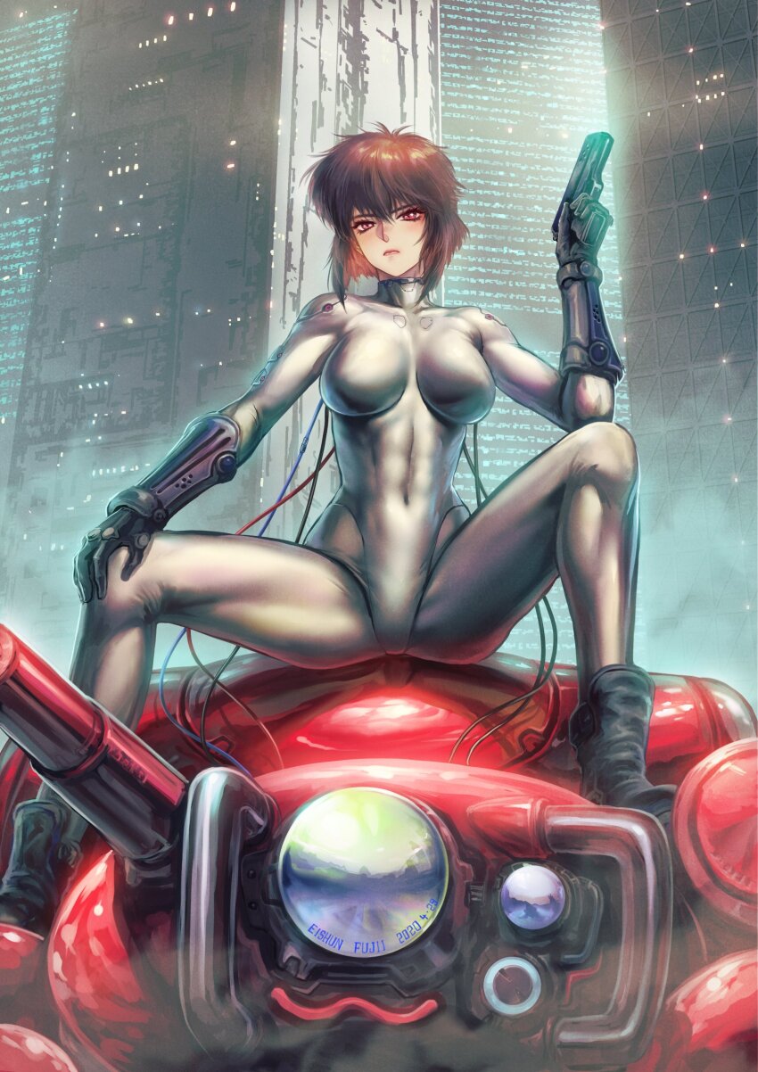 1girl absurdres artist_name bob_cut bodysuit boots breasts building cable closed_mouth commentary_request cyberpunk cyborg dated fuchikoma fujii_eishun ghost_in_the_shell gloves gun handgun highres holding holding_gun holding_weapon kusanagi_motoko large_breasts lips looking_at_viewer mecha on_mecha photoshop_(medium) red_eyes robot science_fiction short_hair sitting sitting_on_mecha solo weapon