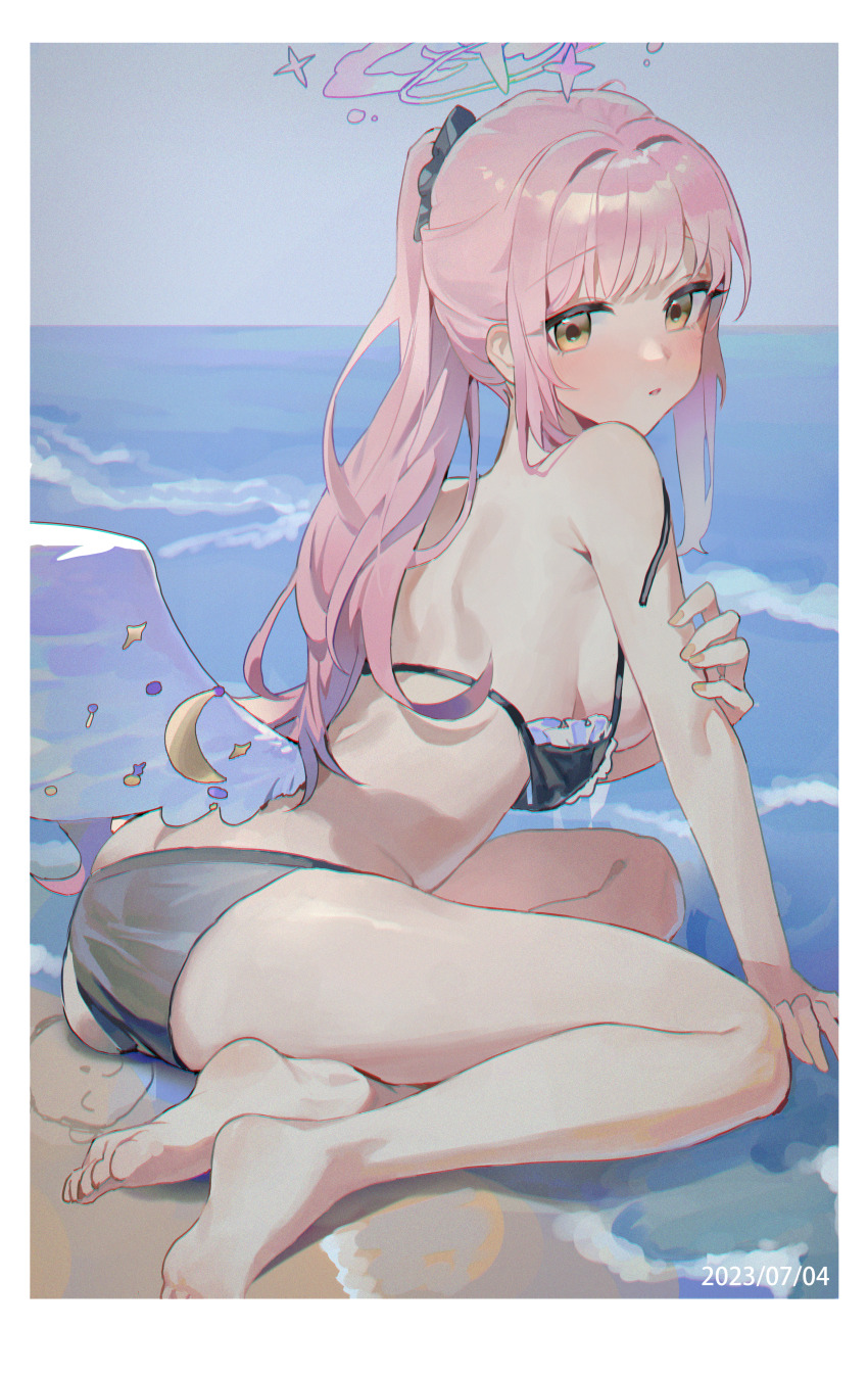 1girl absurdres alternate_costume angel_wings back bare_back bare_legs bare_shoulders barefoot bikini black_bikini black_scrunchie blue_archive breasts commentary doodle_sensei_(blue_archive) english_commentary feathered_wings feet hair_ornament hair_scrunchie halo high_ponytail highres legs looking_at_viewer looking_back low_wings mika_(blue_archive) monky nipples petite pink_hair pink_halo ponytail scrunchie sensei_(blue_archive) sitting soles spaghetti_strap swimsuit thighs toes white_wings wings yellow_eyes
