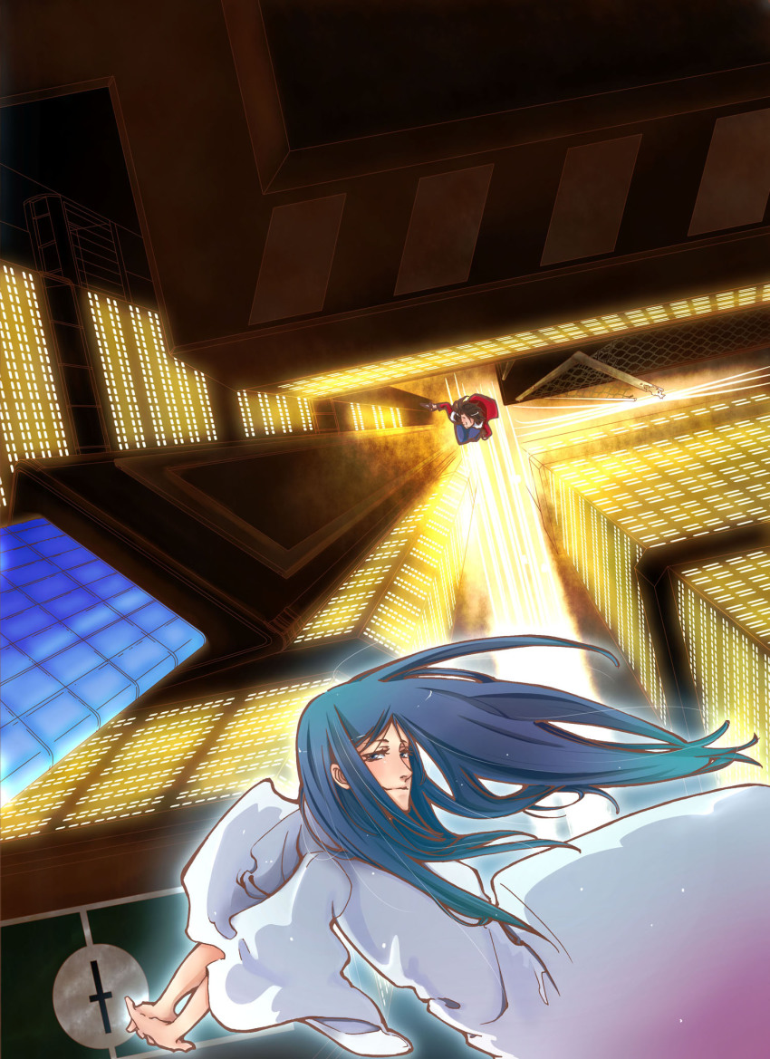 2girls blue_hair dress fujou_kirie highres jacket kara_no_kyoukai long_hair multiple_girls perspective red_jacket reizuki ryougi_shiki