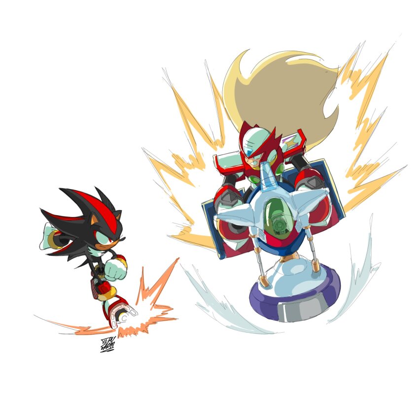 2boys armor black_fur blonde_hair chest_jewel crossover forehead_jewel full_body gloves helmet highres hovercraft long_hair looking_at_another male_focus mega_man_(series) mega_man_x_(series) multiple_boys red_armor red_fur red_helmet riding shadow_the_hedgehog simple_background sonic_(series) terusada1 two-tone_fur watercraft white_background white_gloves zero_(mega_man)
