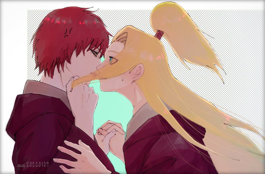 2boys anger_vein angry asymmetrical_bangs blonde_hair blue_eyes blush border deidara_(naruto) dotted_background edo_tensei eyeliner face-to-face grabbing_another&#039;s_hair hair_over_one_eye high_ponytail highres holding_hands imminent_kiss implied_yaoi long_hair makeup male_focus miomu4 multiple_boys naruto_(series) naruto_shippuuden ponytail red_eyes red_hair robe short_hair simple_background surprised sweatdrop white_border