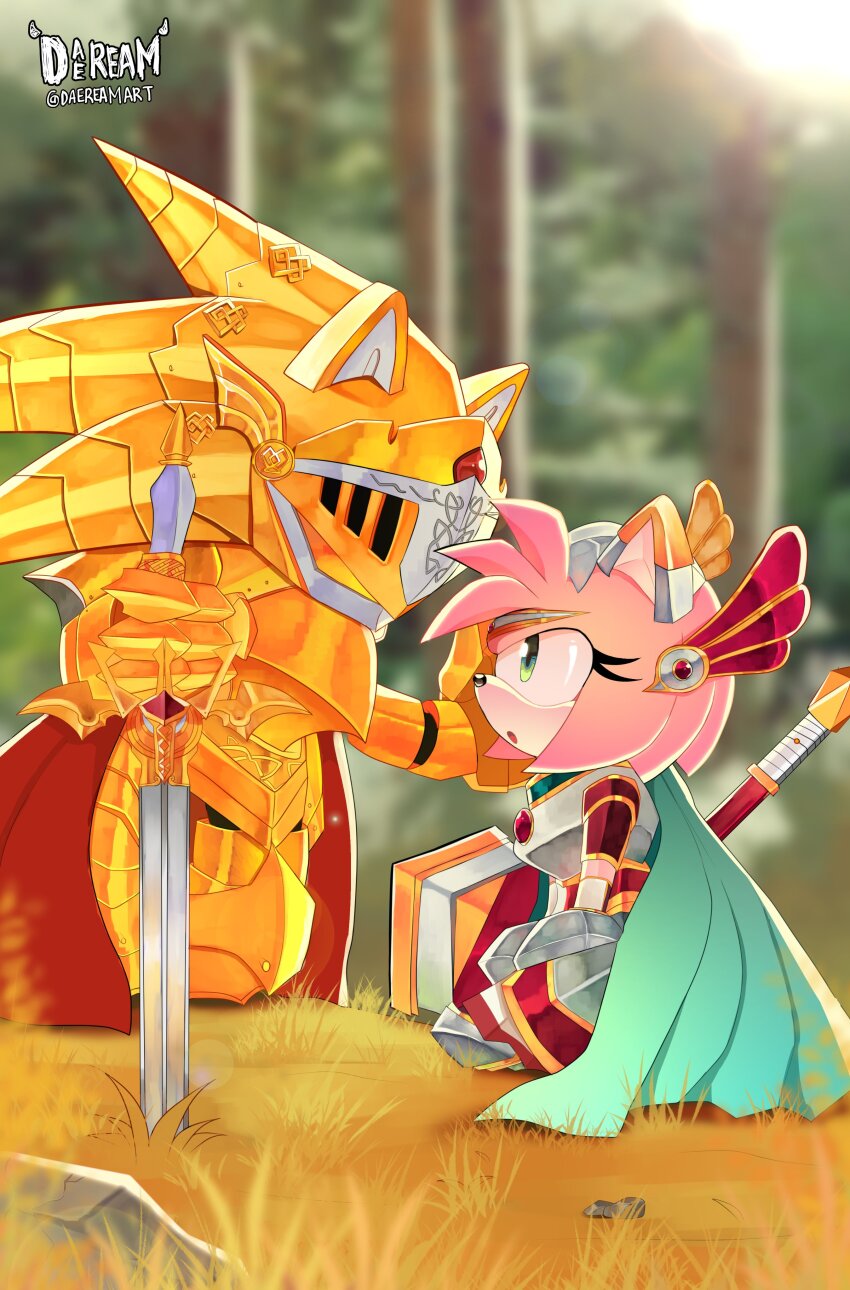 1boy 1girl 1other :o absurdres amy_rose animal_ears animal_nose armor artist_name blue_cape blurry blurry_background caliburn_(sonic) cape daeream forest gold_armor grass green_eyes hand_on_another&#039;s_face helmet highres holding holding_sword holding_weapon kneeling knight looking_at_another nature open_mouth over_shoulder paladin pink_fur planted planted_sword planted_weapon red_cape rock sega shoulder_armor sitting snout sonic_(series) sonic_and_the_black_knight sonic_the_hedgehog sword tree twitter_username weapon weapon_over_shoulder