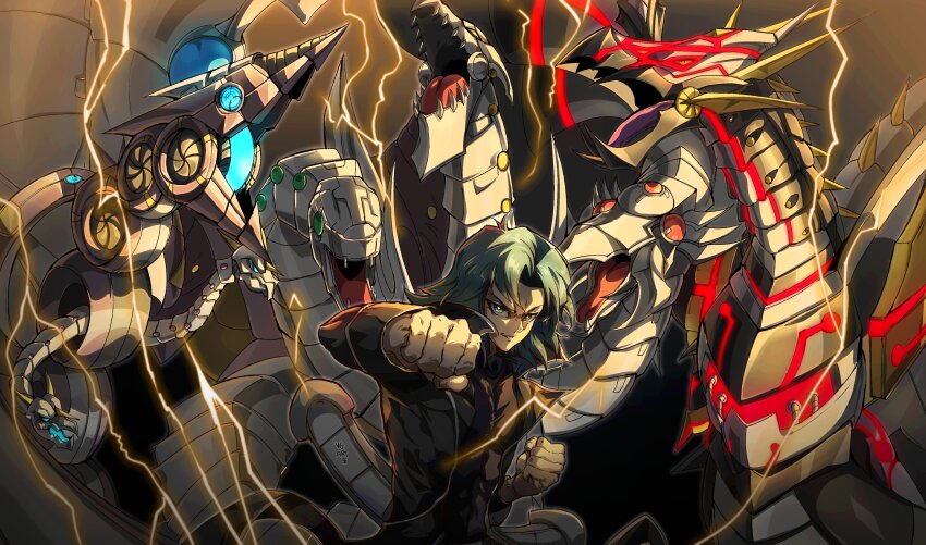 absurdres black_coat black_shirt blue_eyes clenched_hands coat cyber_dragon_infinity cyber_end_dragon duel_monster green_hair highres marufuji_ryo medium_hair non-humanoid_robot robot robot_dragon shirt upper_body vincent_graphic_art yu-gi-oh! yu-gi-oh!_gx