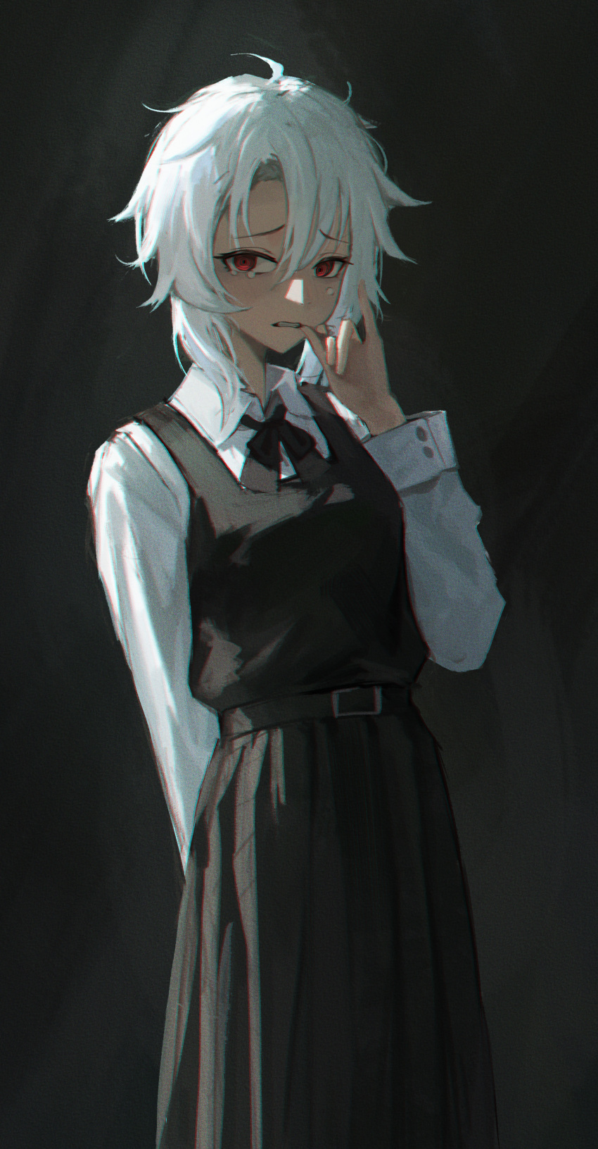 1girl absurdres chainsaw_man collared_shirt dress famine_devil_(chainsaw_man) fourth_east_high_school_uniform haimaotuanzi hand_up highres long_sleeves looking_at_viewer messy_hair pinafore_dress red_eyes school_uniform shirt sleeveless sleeveless_dress solo white_hair white_shirt
