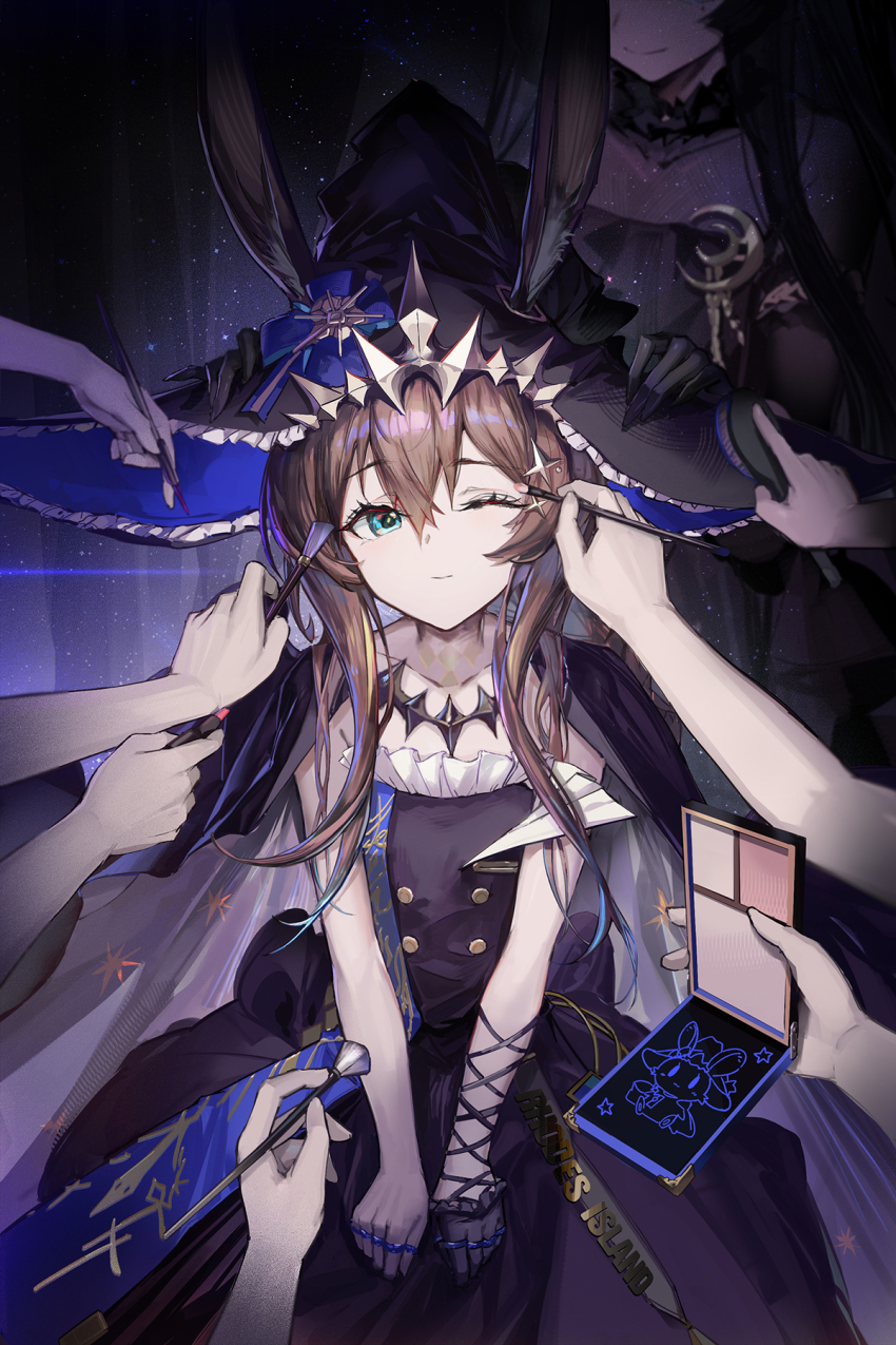 2girls 6+others amiya_(arknights) amiya_(medic)_(arknights) amiya_(medic)_(solo_around_the_world)_(arknights) animal_ears applying_another&#039;s_makeup applying_makeup arknights black_dress black_gloves black_hair black_hat brown_hair closed_mouth collarbone disembodied_hand dress gloves hair_brush hat highres holding holding_brush jewelry long_hair mag_(mag42) makeup_brush makeup_palette multiple_girls multiple_others multiple_rings one_eye_closed rabbit_ears rabbit_girl ring smile solo_focus standing virtuosa_(arknights) virtuosa_(diversity_oneness)_(arknights) witch_hat