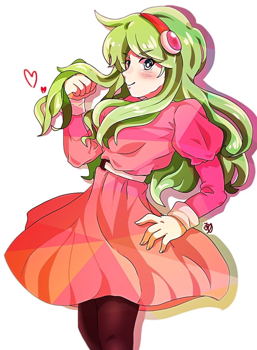 &gt;:) 10s 1girl bad_id bad_twitter_id belt black_pantyhose blue_eyes blush breasts brianne_de_chateau bright_pupils closed_mouth cowboy_shot dragon_ball dragon_ball_super dress eyebrows eyelashes eyes_visible_through_hair facing_away female_focus fingernails green_hair hair_lift hairband hand_on_own_hip heart highres juliet_sleeves kiyu_chi30 legs_together long_hair long_sleeves looking_at_viewer pantyhose pink_dress pink_hairband puffy_long_sleeves puffy_sleeves ribrianne sidelocks small_breasts smile solo tsurime v-shaped_eyebrows white_belt white_pupils