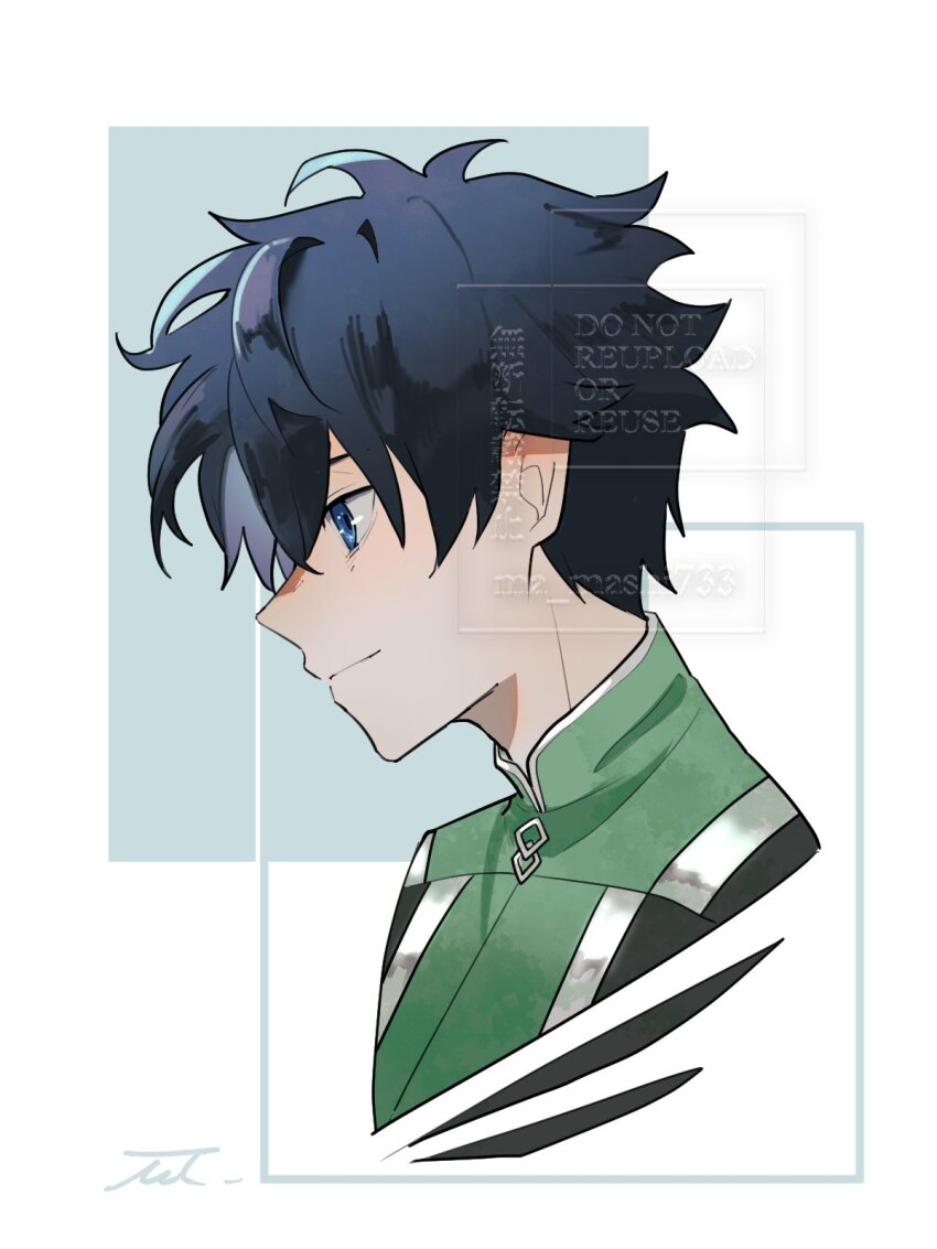 1boy black_hair blue_eyes chaldea_logo chaldea_uniform collared_shirt fate/grand_order fate_(series) fujimaru_ritsuka_(male) hair_between_eyes highres light_smile messy_hair mmmpsychedelic138 profile shirt short_hair smile solo upper_body watermark