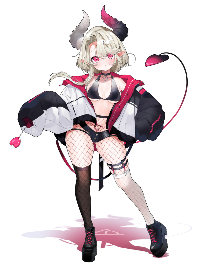 1girl absurdres asymmetrical_legwear black_boots black_thighhighs blonde_hair blush boots breasts candy choker closed_mouth collarbone demon_girl demon_horns demon_tail fishnet_pantyhose fishnets food full_body heart heart_choker high_heel_boots high_heels highres horns lollipop long_hair looking_at_viewer micro_shorts mismatched_legwear original pantyhose pink_eyes pointy_ears pomu_(pomu_me) pubic_tattoo shorts small_breasts smile solo tail tattoo thigh_strap thighhighs thighhighs_under_pantyhose white_thighhighs
