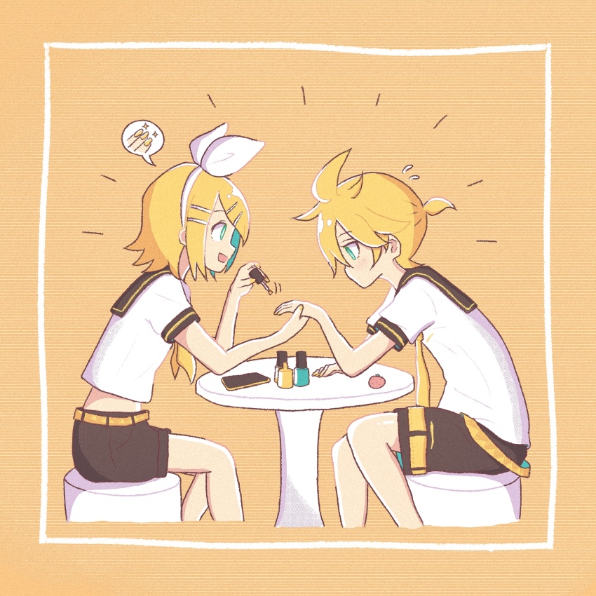 1boy 1girl ahoge applying_manicure aqua_eyes belt black_sailor_collar black_shorts blonde_hair bow bow_hairband breasts bright_pupils brother_and_sister cosmetics flying_sweatdrops hair_bow hairband hand_grab highres holding holding_brush holding_hands kagamine_len kagamine_rin looking_at_hand manmes_214 midriff nail_polish nail_polish_bottle nail_polish_brush neckerchief necktie open_mouth orange_background orange_belt painting_nails ponytail profile sailor_collar sailor_shirt shirt short_hair short_ponytail short_sleeves shorts siblings sitting small_breasts smile spiked_hair spoken_object t-shirt twins vocaloid white_bow white_hairband white_pupils white_shirt yellow_neckerchief yellow_necktie