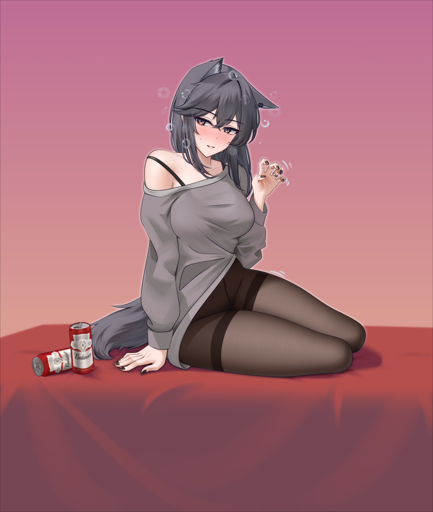 1girl absurdres alter_kamerade animal_ears arknights arm_support bare_shoulders beer_can black_eyes black_hair black_nails black_tail blush brown_pantyhose can chinese_commentary claw_pose collarbone commentary_request crossed_bangs drink drink_can drunk fingernails full_body gradient_background grey_sweater hair_between_eyes hand_up highres long_sleeves medium_hair multicolored_eyes nail_polish off_shoulder pantyhose partial_commentary pink_background sitting solo squeans sweat sweater tail texas_(arknights) two-tone_eyes wolf_ears wolf_girl wolf_tail yellow_eyes yokozuwari