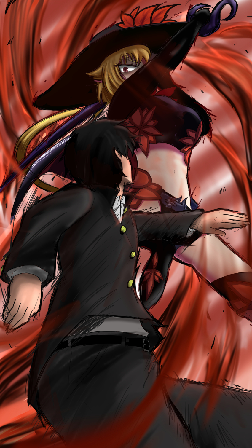 1boy 1girl black_hair blonde_hair cape dhampir dhampir_(monster_girl_encyclopedia) half-human half-undead hat hat_feather highres k961k midriff mixed_species monster_girl monster_girl_encyclopedia monster_girl_encyclopedia_ii pointy_ears ponytail rapier red_eyes shorts slit_pupils sword undead vampire weapon