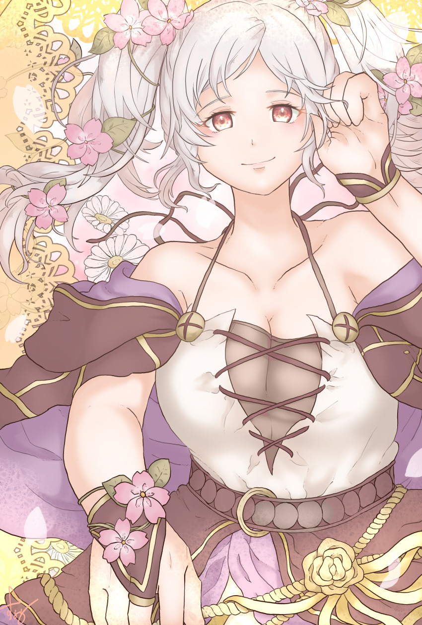 1girl absurdres adjusting_hair armpit_crease artist_request bare_arms bare_shoulders bracelet breasts brown_eyes capelet cleavage clenched_hand collarbone dress eyelashes facing_viewer female_focus female_robin_(fire_emblem) female_robin_(valentine)_(fire_emblem) fingerless_gloves fingernails fire_emblem fire_emblem_awakening fire_emblem_heroes floating_hair floral_background flower flower_bracelet gloves hair_flower hair_ornament halterneck hand_up happy happy_valentine highres jewelry lips long_dress long_hair looking_at_viewer medium_breasts neck nintendo off_shoulder offering_hand official_alternate_costume outstretched_hand rope_belt sidelocks sleeveless sleeveless_dress smile spaghetti_strap swept_bangs twintails upper_body white_hair