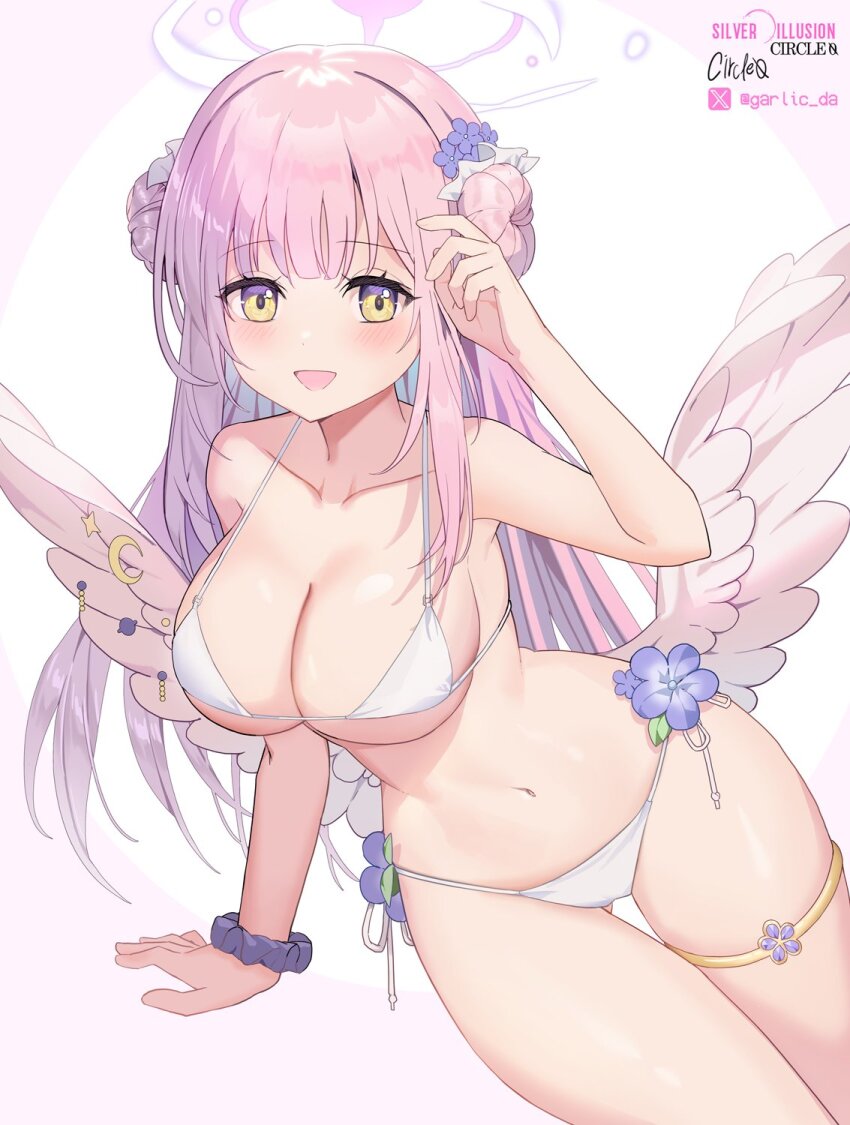 1girl angel_wings bikini blue_archive blush breasts feet_out_of_frame flower hair_bun hair_flower hair_ornament hand_up highres jaeyun large_breasts long_hair looking_at_viewer low_wings mika_(blue_archive) navel open_mouth pink_hair side_up_bun simple_background smile solo swimsuit thighs very_long_hair white_background white_bikini wings yellow_eyes