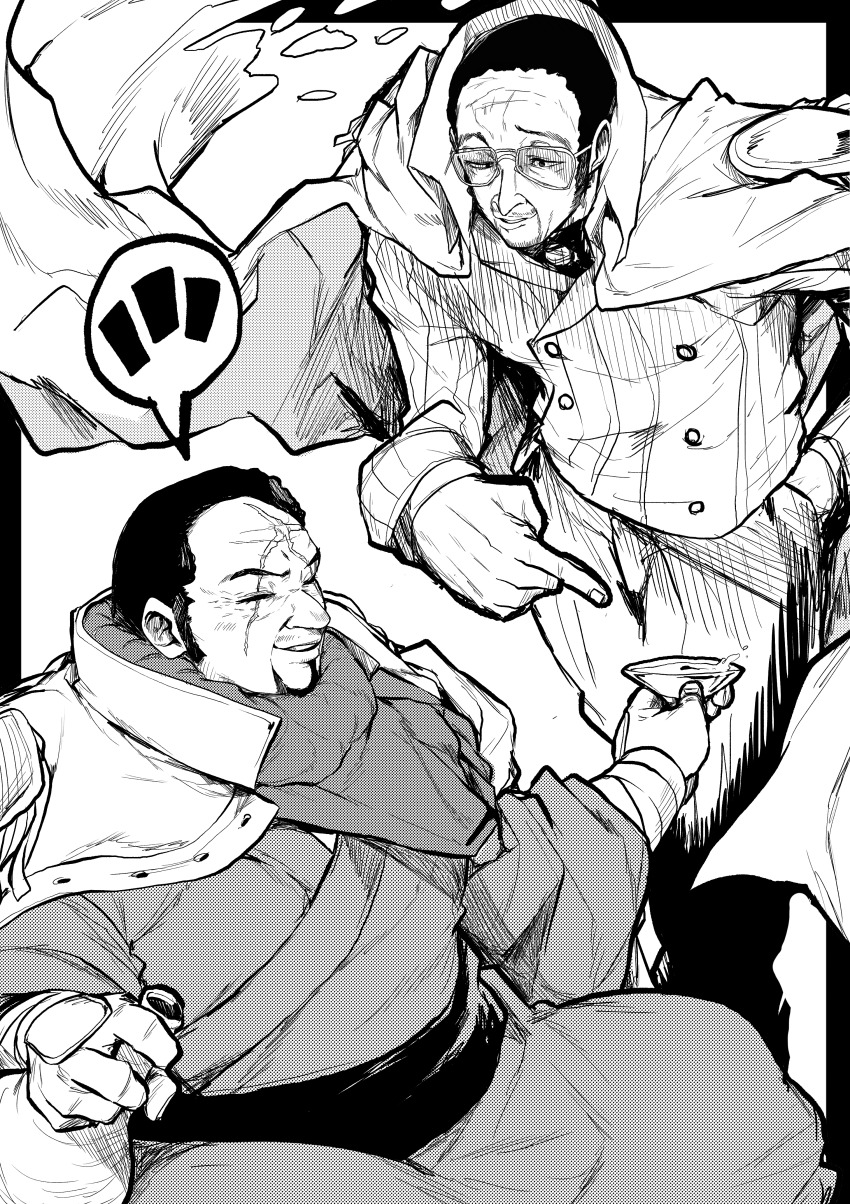 2boys absurdres beard bottle cape choko_(cup) cup facial_hair fujitora_(one_piece) glasses highres holding holding_cup jacket japanese_clothes kimono kizaru_(one_piece) multiple_boys obi one_piece pants rectangular_eyewear sake_bottle sash scar scar_on_face short_hair simple_background sitting standing suit_jacket white_background yotsumi_shiro