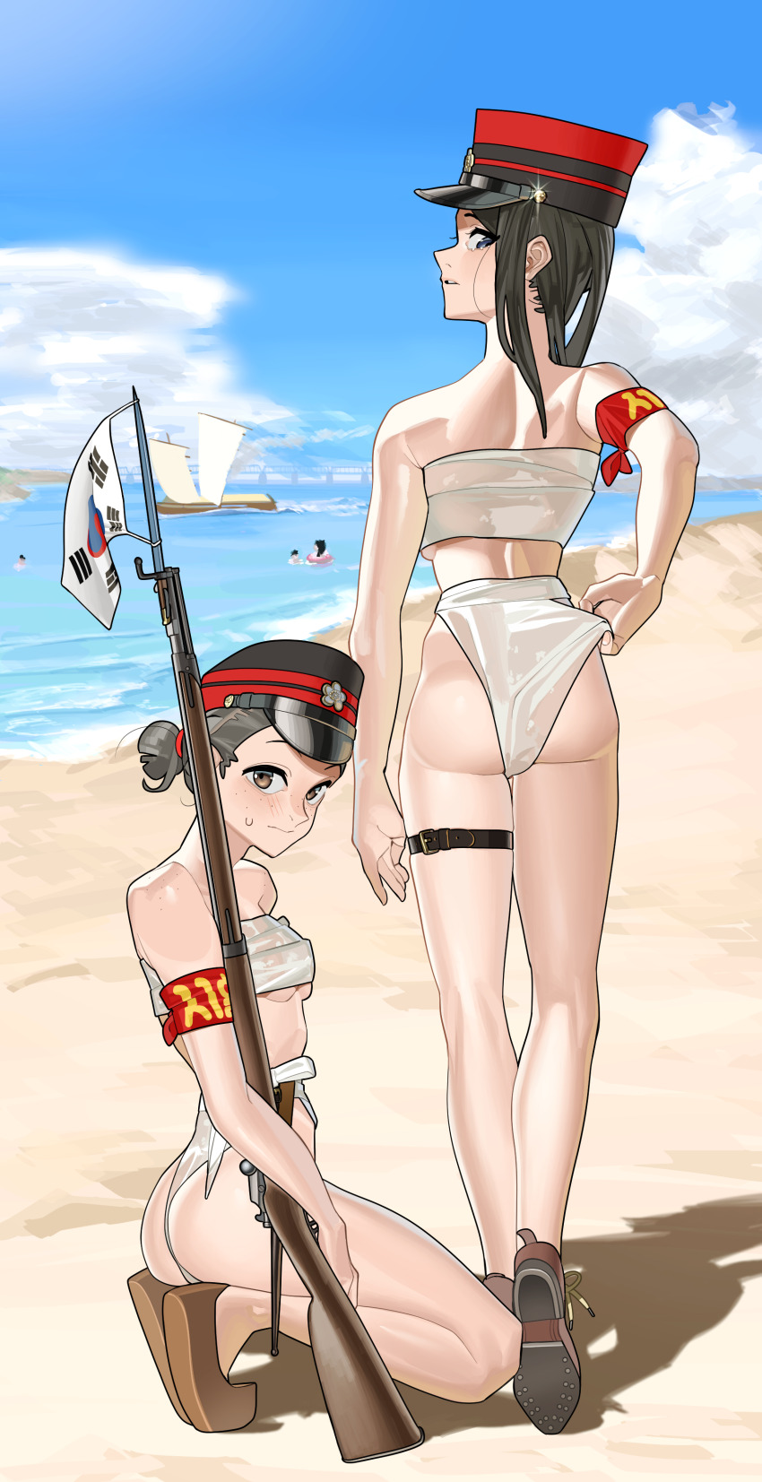 2girls absurdres armband ass back backboob bayonet beach belt bikini bikini_day black_hair blue_eyes blue_sky blush boat body_freckles bolt_action boots breasts brown_eyes brown_footwear chest_sarashi cloud day freckles from_behind full_body grey_hair gun hair_bun hair_tie hat highres holding holding_gun holding_weapon horizon imperial_korean_army imperial_korean_flag kneeling korea korean_empire long_hair looking_at_viewer looking_back median_furrow military military_hat multiple_girls ocean old-fashioned_swimsuit original outdoors panties panty_pull peaked_cap pzkpfwi rifle sail sand sarashi shine ship shoulder_blades single_hair_bun sky small_breasts standing sweat sweatdrop swimsuit textless_version underboob underwear water watercraft waves weapon wet wet_clothes white_bikini
