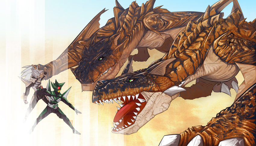 2boys capcom crossover dragon ethird highres kamen_rider kamen_rider_kabuto_(series) kamen_rider_kick_hopper kamen_rider_punch_hopper monster monster_hunter_(series) multiple_boys tigrex wyvern