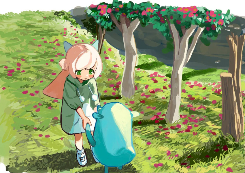 1girl blonde_hair blush_stickers creature dot_nose drawstring gossmm10ws grass green_eyes holding_hands long_hair original outdoors petals pom_pom_(clothes) shoes standing tree water webp-to-png_conversion white_shoes