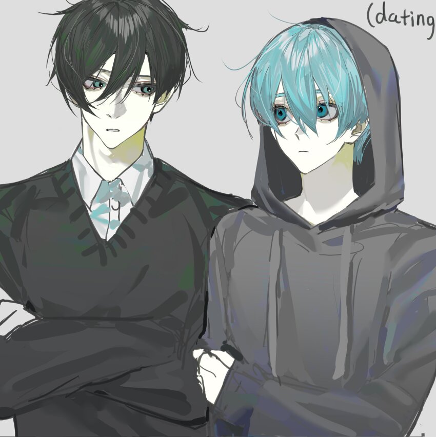 2boys aqua_eyes black_hair black_sweater blue_eyes blue_hair blue_lock closed_mouth collared_shirt grey_background grey_hoodie hair_between_eyes highres hood hood_up hoodie itoshi_rin long_sleeves looking_at_another male_focus miyu_(shiyemiyu) multiple_boys shirt short_hair sweater white_shirt yaoi you_hiori