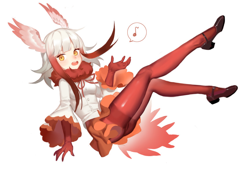 1girl bahao_diqiu bird_tail bird_wings black_shoes blunt_bangs blush breasts commentary empty_eyes feather-trimmed_sleeves floating full_body fur_collar gloves head_wings high_heels highres japanese_crested_ibis_(kemono_friends) kemono_friends legs legs_up long_sleeves looking_at_viewer medium_breasts multicolored_hair musical_note neck_ribbon open_hands open_mouth orange_skirt pantyhose red_gloves red_hair red_pantyhose red_ribbon ribbon shirt shoes short_hair short_hair_with_long_locks sidelocks simple_background sitting skirt smile solo spoken_musical_note symbol-only_commentary tail white_background white_hair white_shirt wings yellow_eyes