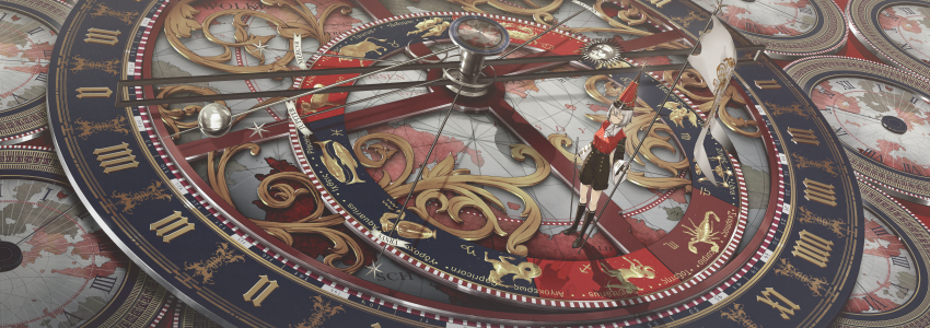 1girl absurdres aquarius_(zodiac) aries_(zodiac) astronomical_clock black_shoes black_shorts black_socks breasts cancer_(zodiac) capricorn_(zodiac) clock closed_eyes commentary english_commentary english_text flag gemini_(zodiac) hat highres holding holding_flag kieed kneehighs leo_(zodiac) libra_(zodiac) long_sleeves map medium_breasts original pisces_(zodiac) red_hat red_shirt sagittarius_(zodiac) scorpio_(zodiac) shirt shoes short_hair shorts socks solo standing taurus_(zodiac) virgo_(zodiac) white_hair wide_shot wide_sleeves zodiac