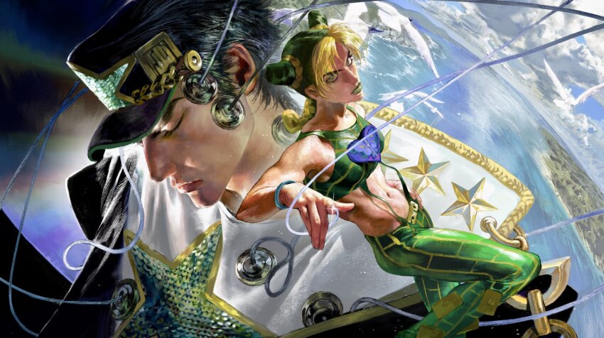 1boy 1girl animal_print bare_shoulders bird black_hair blue_sky bracelet braid braided_bun braided_ponytail butterfly_print cable chain closed_eyes cloud cloudy_sky comatose crop_top double_bun dove father_and_daughter glint gold_chain green_eyes green_hair green_lips green_pants hair_bun hand_up hat heart high_collar highres horizon island jewelry jojo_no_kimyou_na_bouken kuujou_jolyne kuujou_joutarou lipstick low_ponytail makeup midriff multicolored_hair navel ocean outstretched_hand pants peaked_cap pointing pointing_at_viewer ponytail rainbow sequins serious shirt single_braid sky sleeveless split_screen star_(symbol) star_print stone_ocean string thread toned toned_female tudou_estor two-tone_hair v-shaped_eyebrows water white_shirt