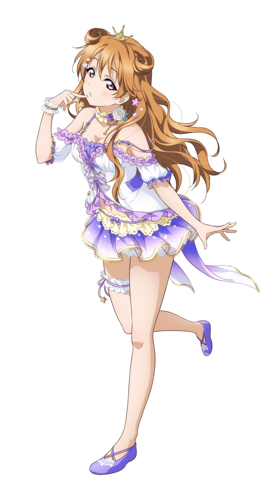 1girl absurdres blush breasts brown_hair cleavage flats frilled_skirt frills full_body gold_tiara hair_horns highres konoe_kanata leaning_forward leg_up long_hair looking_at_viewer love_live! love_live!_nijigasaki_high_school_idol_club love_live!_school_idol_festival_all_stars medium_breasts miniskirt navel nemureru_mori_ni_ikitai_na_(love_live!) off-shoulder_shirt off_shoulder official_alternate_costume official_art parted_lips puffy_short_sleeves puffy_sleeves purple_eyes purple_shoes purple_skirt shirt shoes short_sleeves simple_background skirt solo spaghetti_strap strap_slip transparent_background walking wavy_hair white_shirt