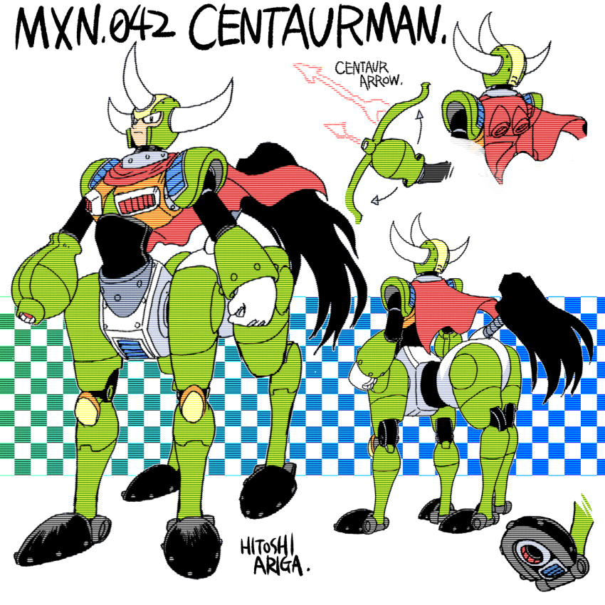 1boy aqua_background ariga_hitoshi arm_cannon armor arrow_(projectile) arrow_(symbol) artist_name black_eyes black_footwear black_leotard blue_background bow_(weapon) cape centaur centaur_man character_name checkered_background chest_armor closed_mouth commentary_request concept_art english_text fake_horns from_behind full_body gloves gradient_background green_armor green_background helmet highres horned_helmet horns horse_tail joints leotard looking_ahead male_focus mega_man_(classic) mega_man_(series) mega_man_6 mega_man_megamix multiple_legs multiple_views no_humans non-humanoid_robot red_cape reference_sheet robot robot_joints scanlines science_fiction screw shoe_soles shoes shoulder_armor simple_background standing tail taur turnaround weapon white_background white_gloves
