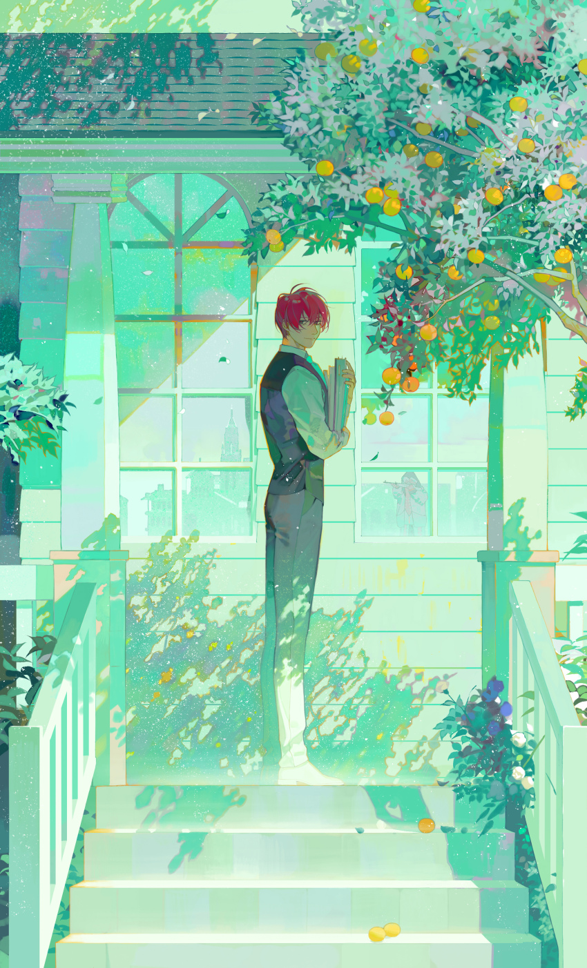1boy absurdres analogous_colors aqua_theme black_pants black_vest building collared_shirt cool_colored food fruit green_theme hair_between_eyes highres long_sleeves looking_at_viewer male_focus original pants red_hair shadow shirt short_hair smile solo stairs standing vest white_shirt wide_shot xiaoquandianer
