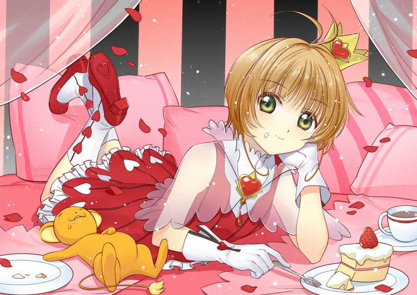 1girl 1other antenna_hair bare_shoulders bed bedroom boots brooch brown_hair cake cardcaptor_sakura cardcaptor_sakura_clear_card_arc chrisanother clamp_(circle)_(style) cream cream_on_face crown dress falling_petals food food_on_face fork frilled_dress frills gloves green_eyes head_rest heart heart_brooch holding holding_fork jewelry kero_(cardcaptor_sakura) kinomoto_sakura looking_at_viewer lying magical_girl mini_crown on_stomach petals pillow red_dress see-through_clothes shawl short_hair smile solo strawberry_shortcake tea the_pose white_boots white_gloves