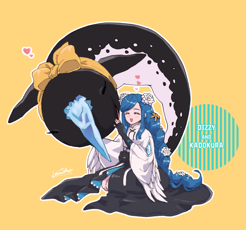 1girl angel_wings black_dress black_flower braid braided_ponytail character_name dizzy_(guilty_gear) dress fingerless_gloves flower front_slit gloves guilty_gear guilty_gear_strive heart highres kadokura_(guilty_gear) kanea_(nikoinoillust) long_hair low-tied_long_hair narwhal queen_dizzy ribbon seiza signature sitting solo swept_bangs tail tail_ornament tail_ribbon white_flower wide_sleeves wings yellow_background yellow_flower yellow_ribbon