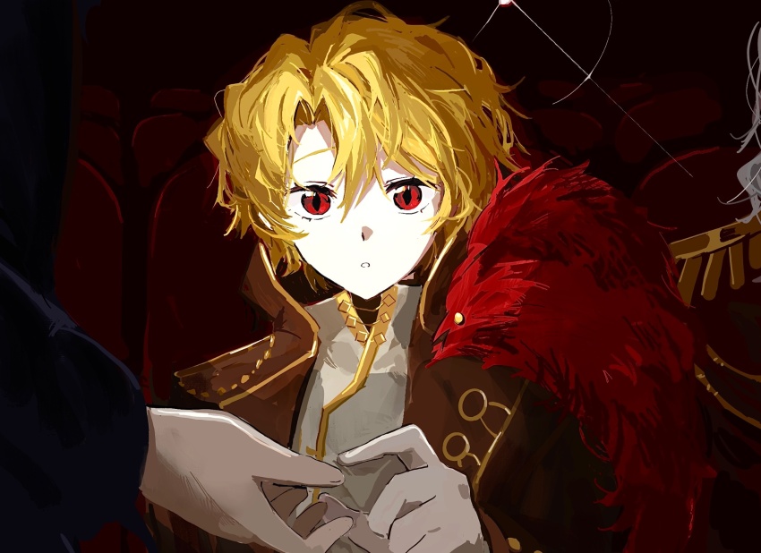 1boy 2girls bari_(project_moon) blonde_hair blue_jacket brown_jacket cape don_quixote_(project_moon) gold_trim highres indoors jacket la_manchaland&#039;s_don_quixote_(project_moon) limbus_company looking_at_viewer movie_theater multiple_girls open_mouth parted_bangs project_moon rai_(r2718281) red_cape red_eyes sancho_(project_moon) short_hair solo_focus white_jacket