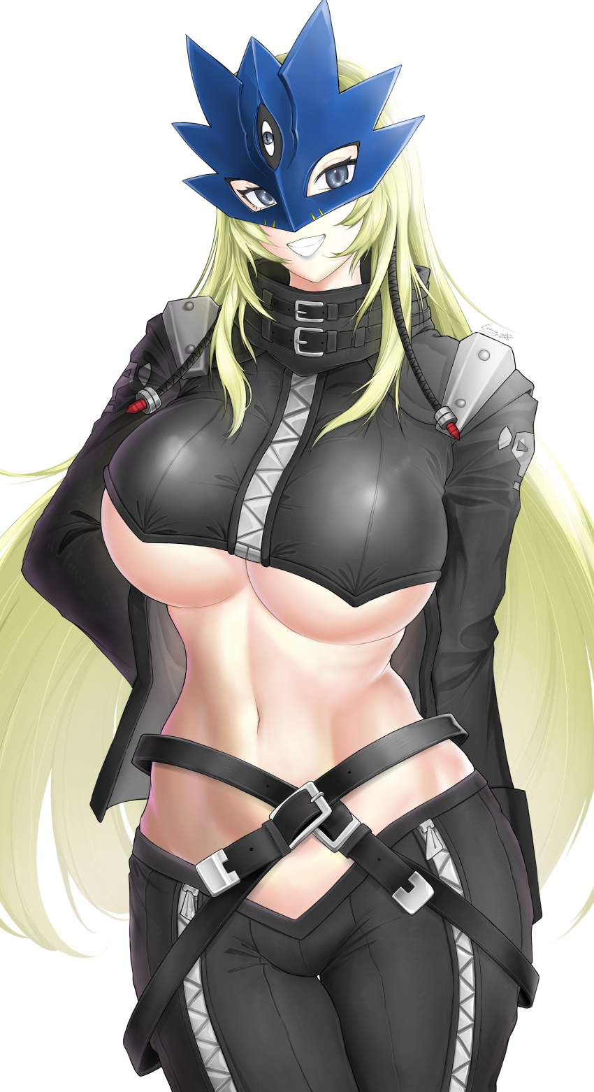 1girl absurdres beelstarmon belt black_belt black_coat black_pants black_vest blonde_hair blue_eyes blue_mask breasts coat commentary contrapposto cowboy_shot cropped_vest digimon digimon_(creature) eye_mask grin hand_on_own_hip highres large_breasts leather leather_pants lipstick long_hair looking_at_viewer makeup mask navel pants sidelocks simple_background skull_print smile solo standing stomach teeth third_eye tight_clothes tight_pants underboob very_long_hair vest white_background wuni-ling zipper