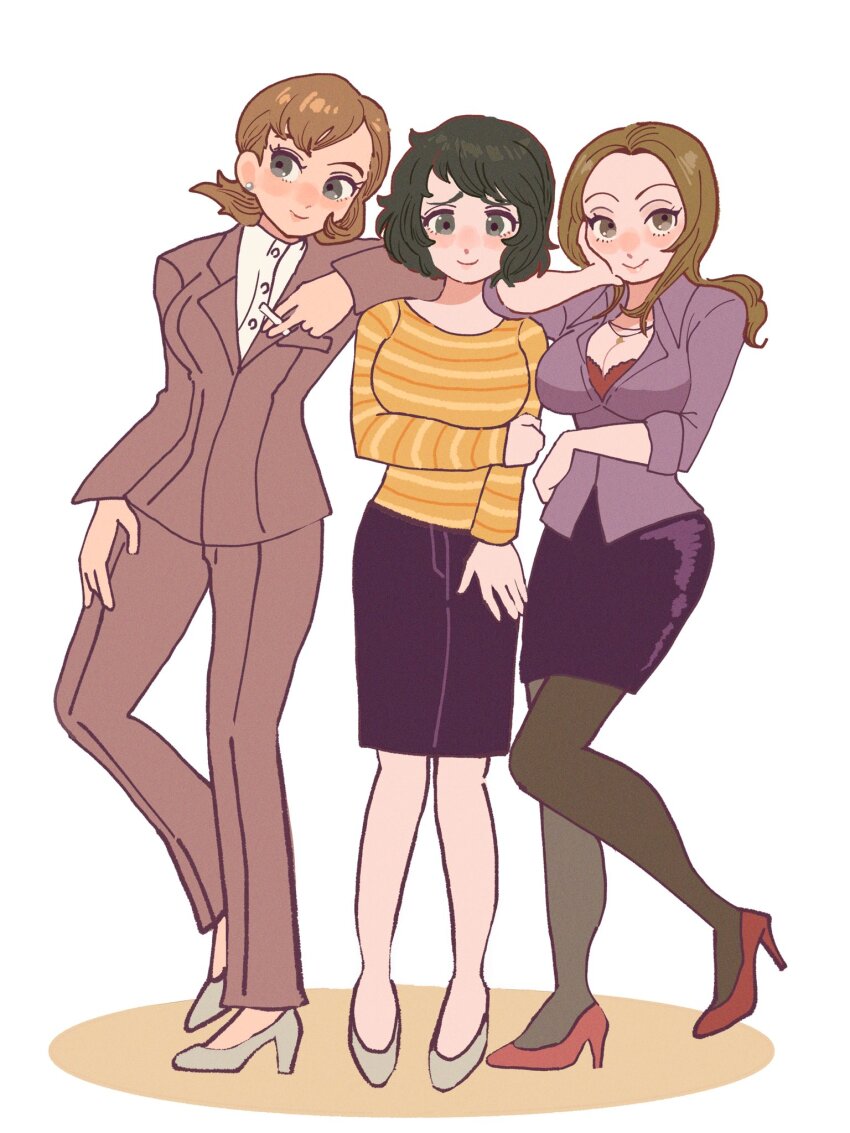 3girls arm_on_another&#039;s_shoulder black_hair breasts brown_hair chalk chimney_(chimney0311) cleavage denim denim_skirt female_focus full_body hand_on_own_thigh high_heels highres in-franchise_crossover kashiwagi_noriko kawakami_sadayo large_breasts medium_breasts medium_hair multiple_girls pantyhose pencil_skirt persona persona_3 persona_4 persona_5 shirt short_hair skirt smile striped_clothes striped_shirt teacher toriumi_isako trait_connection