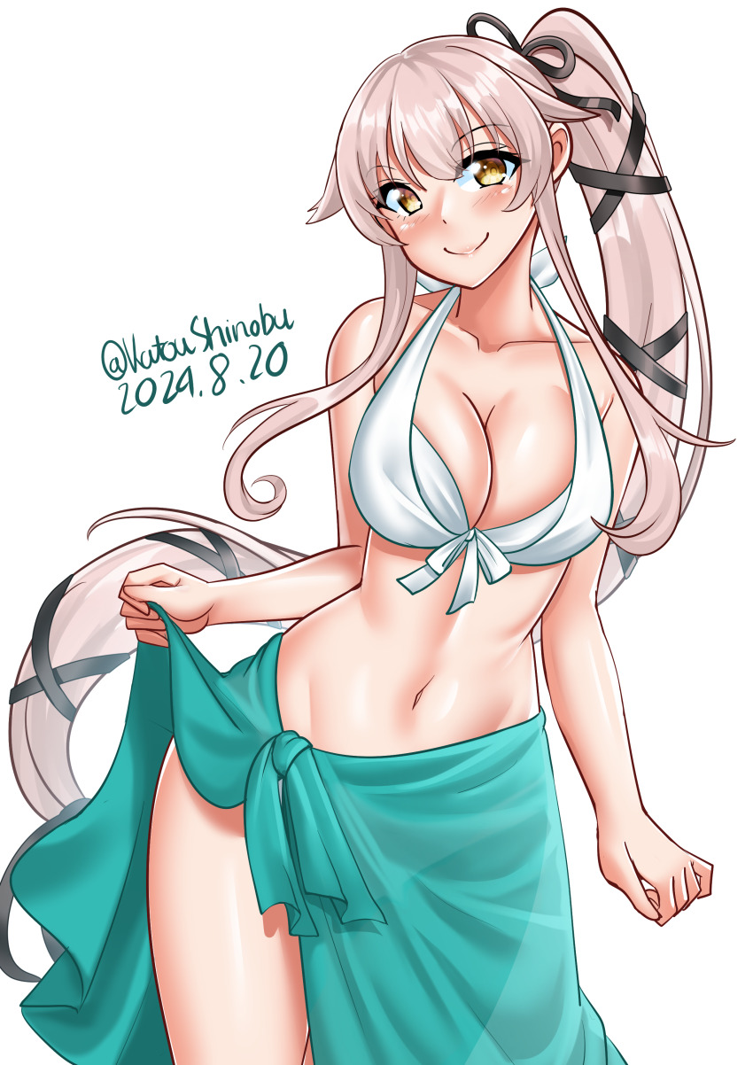 1girl absurdres aqua_sarong bikini breasts cleavage cowboy_shot dated front-tie_bikini_top front-tie_top hair_flaps hair_ribbon highres kantai_collection katou_shinobu large_breasts long_hair one-hour_drawing_challenge pink_hair ponytail ribbon sarong sarong_hold simple_background solo swimsuit twitter_username white_background white_bikini yellow_eyes yura_(kancolle) yura_(swimsuit)_(kancolle)