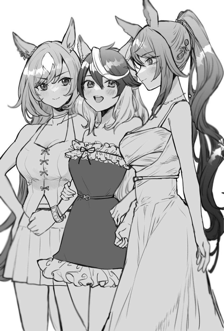 3girls :d animal_ears bare_shoulders blush bracelet breasts commentary_request cowboy_shot dress frilled_dress frills from_side greyscale hand_on_another&#039;s_arm highres horse_ears horse_girl jewelry large_breasts long_hair looking_at_another monochrome multicolored_hair multiple_girls open_mouth pleated_skirt ponytail profile raraoa_(lalaoa) shirt sirius_symboli_(umamusume) skirt sleeveless sleeveless_dress sleeveless_shirt smile standing strapless strapless_dress symboli_kris_s_(umamusume) symboli_rudolf_(umamusume) umamusume v-shaped_eyebrows very_long_hair